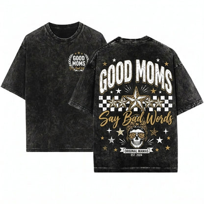 Leopard Good Moms Say Bad Words Funny Quote Checkered Mama Trendy Edgy Mothers Day Sublimation Graphic Apparel Unisex Wash T-Shirt