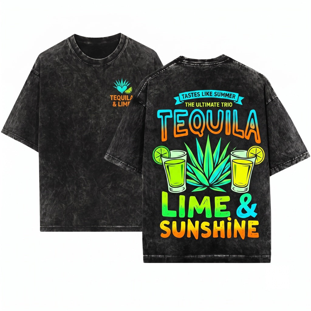 Tequila Lime Sunshine Summer Drinking Funny Vacation Beach Vibes Adult Humor Chasing Sunsets Unisex Wash T-Shirt