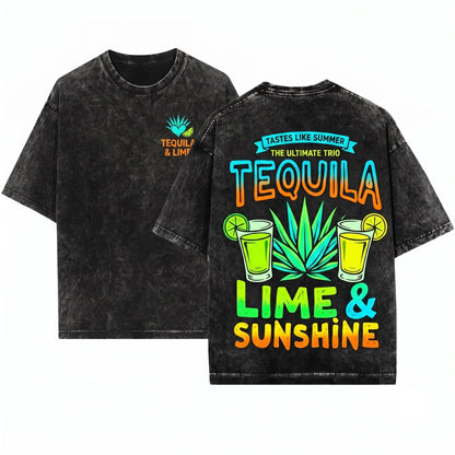 Tequila Lime Sunshine Summer Drinking Funny Vacation Beach Vibes Adult Humor Chasing Sunsets Unisex Wash T-Shirt