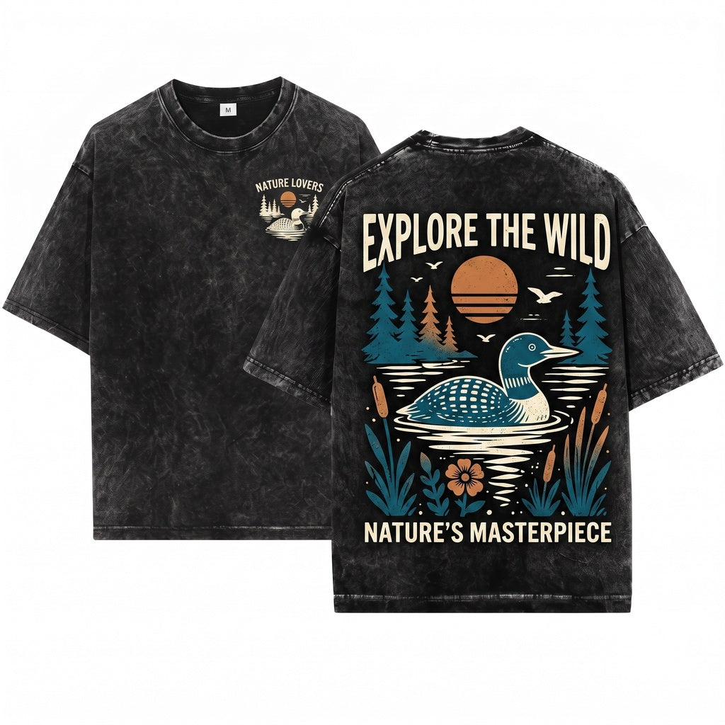 Vintage Old School Loon Lake Wildlife Nature Bird Rustic Outdoor Graphic Style Gift Unisex Wash T-Shirt