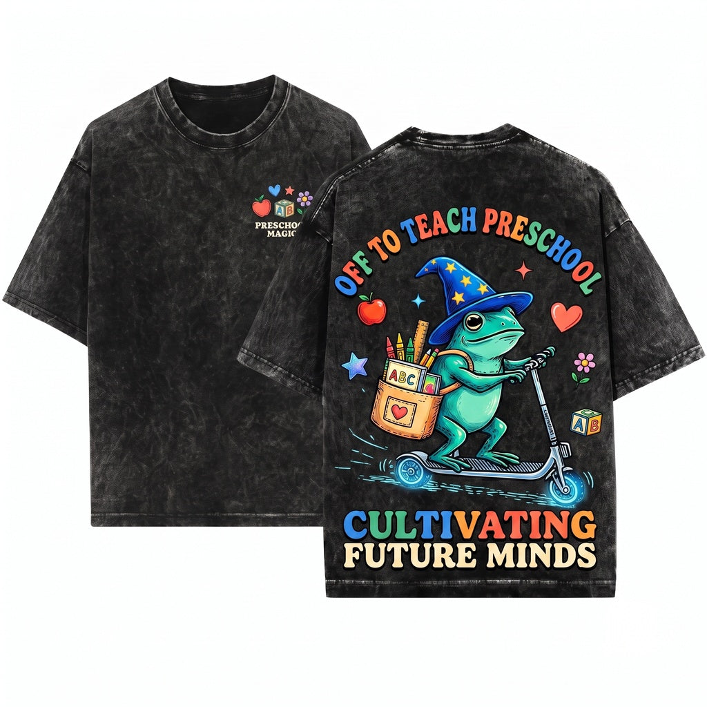 Off To Teach Preschool Frog Riding Scooter Funny Back School Educator Gift Unisex Wash T-Shirt