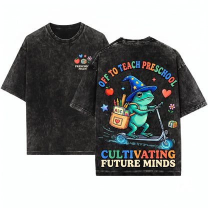 Off To Teach Preschool Frog Riding Scooter Funny Back School Educator Gift Unisex Wash T-Shirt