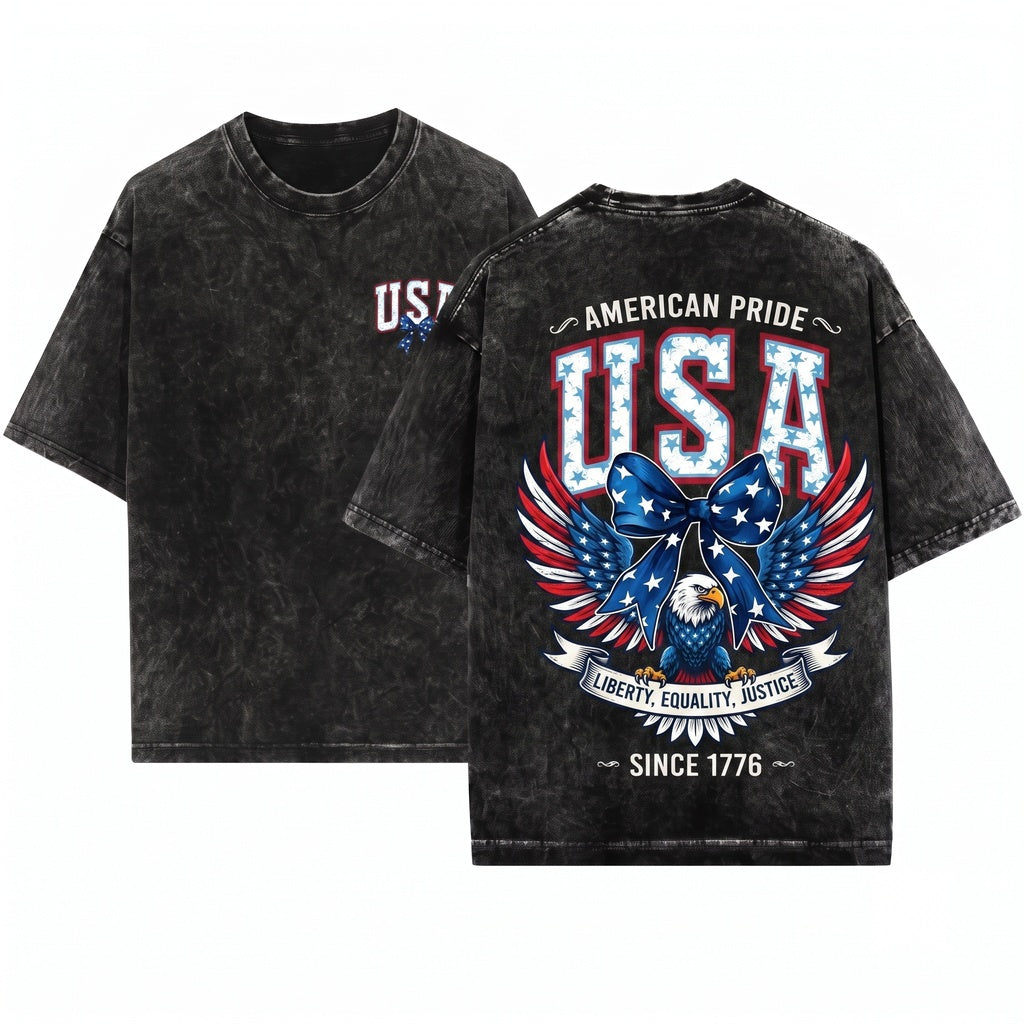 Retro Bow Ribbon Graphic Patriotic USA Pigment-Dyed Unisex Wash T-Shirt