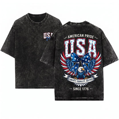 Retro Bow Ribbon Graphic Patriotic USA Pigment-Dyed Unisex Wash T-Shirt
