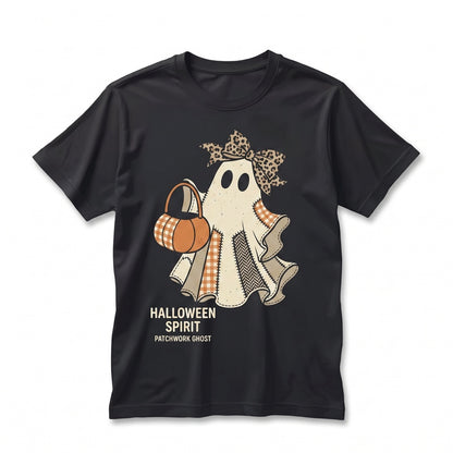 Vintage Halloween Ghost Patchwork Leopard Bow Casual Fall Sweater Costume Unisex TShirt