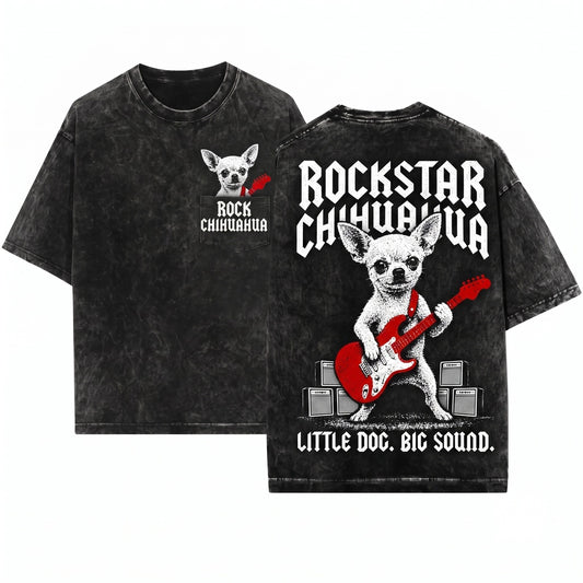 Vintage Washed Oversized Chihuahua Guitar T-Shirt - Small Dog Big Attitude Graphic Tee for Men and Women