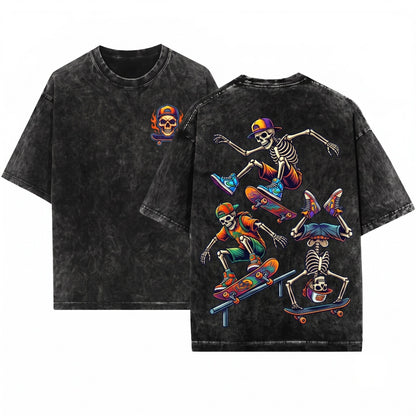 3 Skeletons Skateboarding Vintage 90s Graphic Y2K Skull Gift Unisex Wash T-Shirt