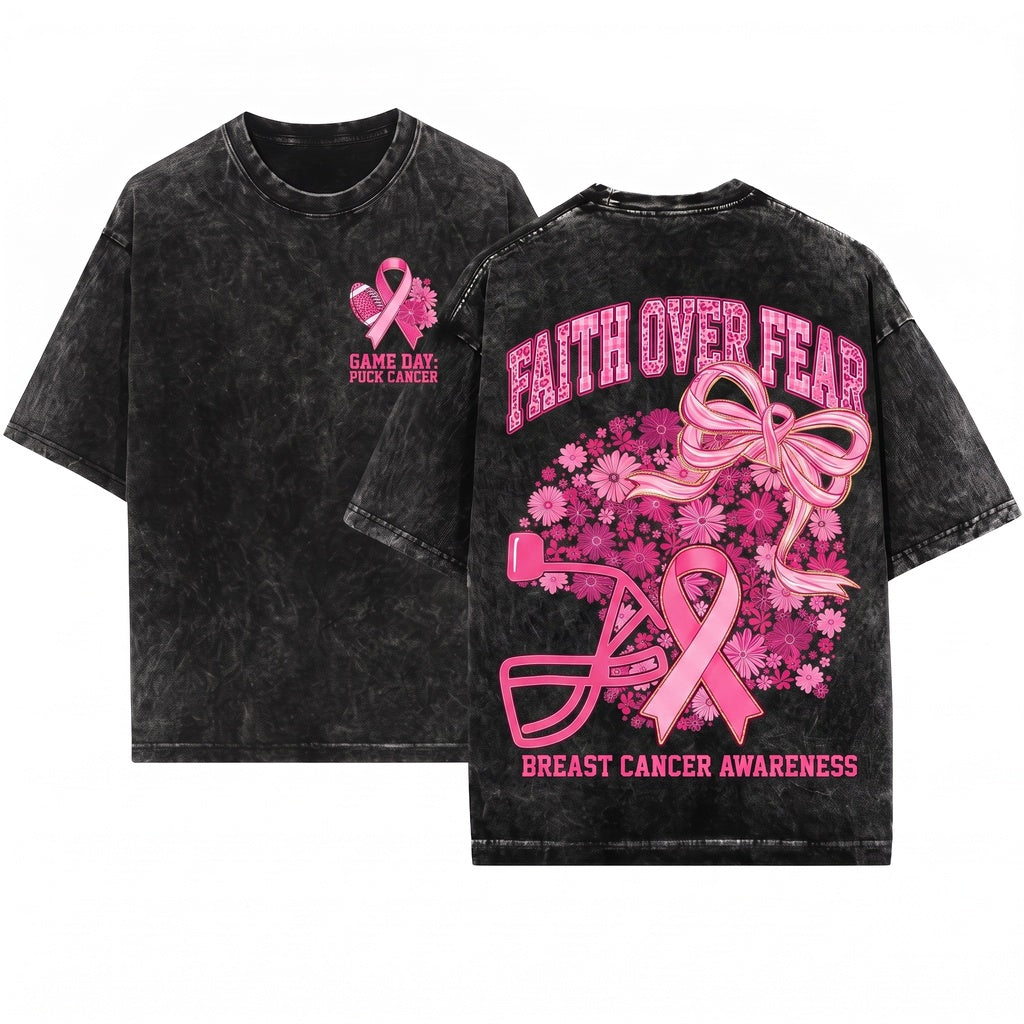 Pink Breast Cancer Awareness Faith Over Fear Floral Football Game Day Tackle Graphic Unisex Wash T-Shirt