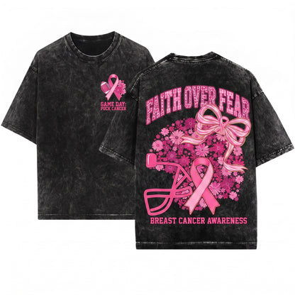 Pink Breast Cancer Awareness Faith Over Fear Floral Football Game Day Tackle Graphic Unisex Wash T-Shirt