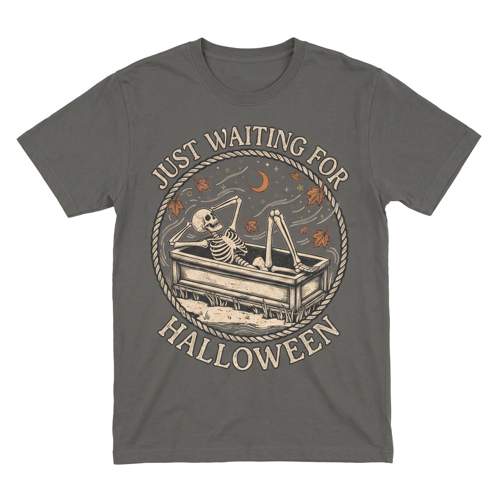 Just Waiting For Halloween Skeleton Coffin Falling Leaves Moon Spooky Season Graphic Unisex TShirt