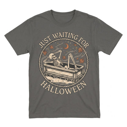 Just Waiting For Halloween Skeleton Coffin Falling Leaves Moon Spooky Season Graphic Unisex TShirt