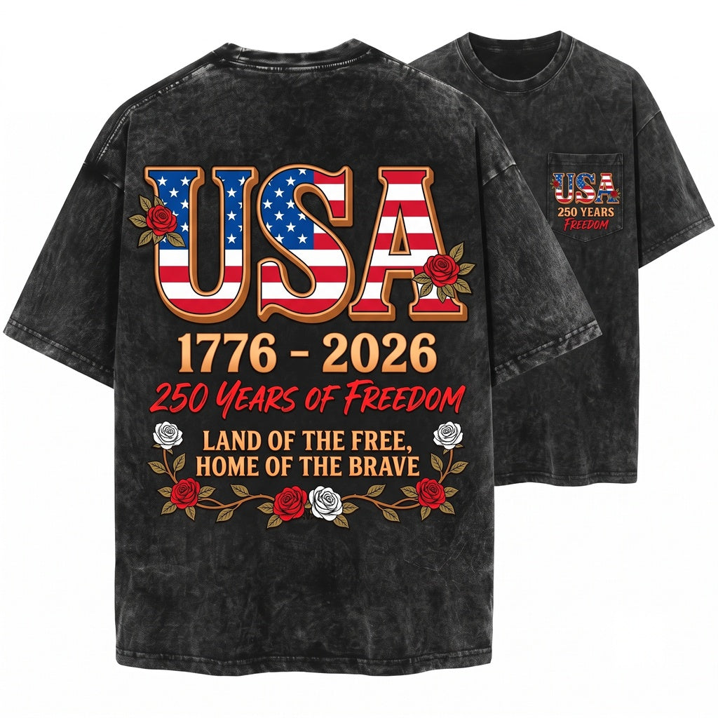 Retro USA 250 Years Of Freedom Patriotic Graphic Unisex Wash T-Shirt