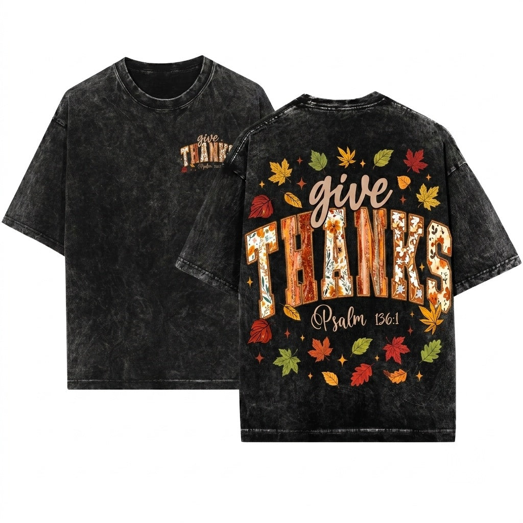 Give Thanks Floral Jesus Fall Faith Christian Varsity Bible Verse Faux Embroidery Unisex Wash T-Shirt