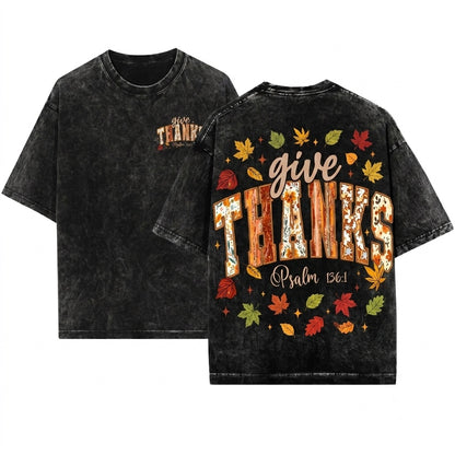 Give Thanks Floral Jesus Fall Faith Christian Varsity Bible Verse Faux Embroidery Unisex Wash T-Shirt