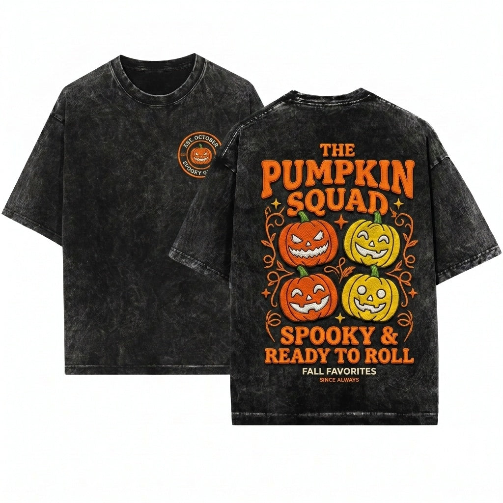 Embroidered Pumpkin Jack O Lantern Cute Cozy Fall Halloween Gift Crewneck Unisex Wash T-Shirt