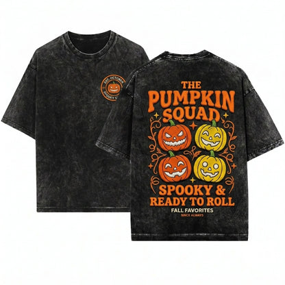 Embroidered Pumpkin Jack O Lantern Cute Cozy Fall Halloween Gift Crewneck Unisex Wash T-Shirt
