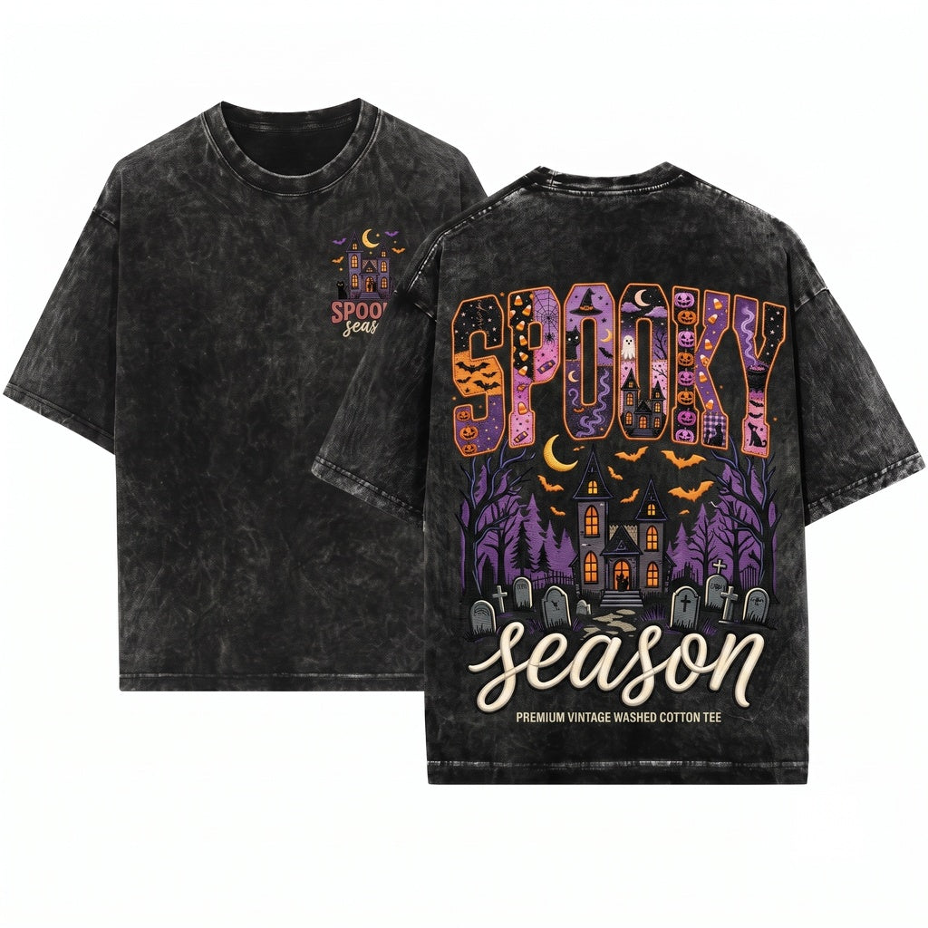 Faux Patchwork Spooky Season Halloween Varsity Applique Vintage Purple Pumpkin Ghost Witch Unisex Wash T-Shirt