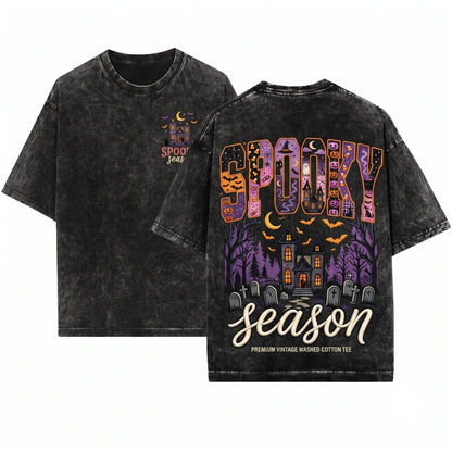 Faux Patchwork Spooky Season Halloween Varsity Applique Vintage Purple Pumpkin Ghost Witch Unisex Wash T-Shirt