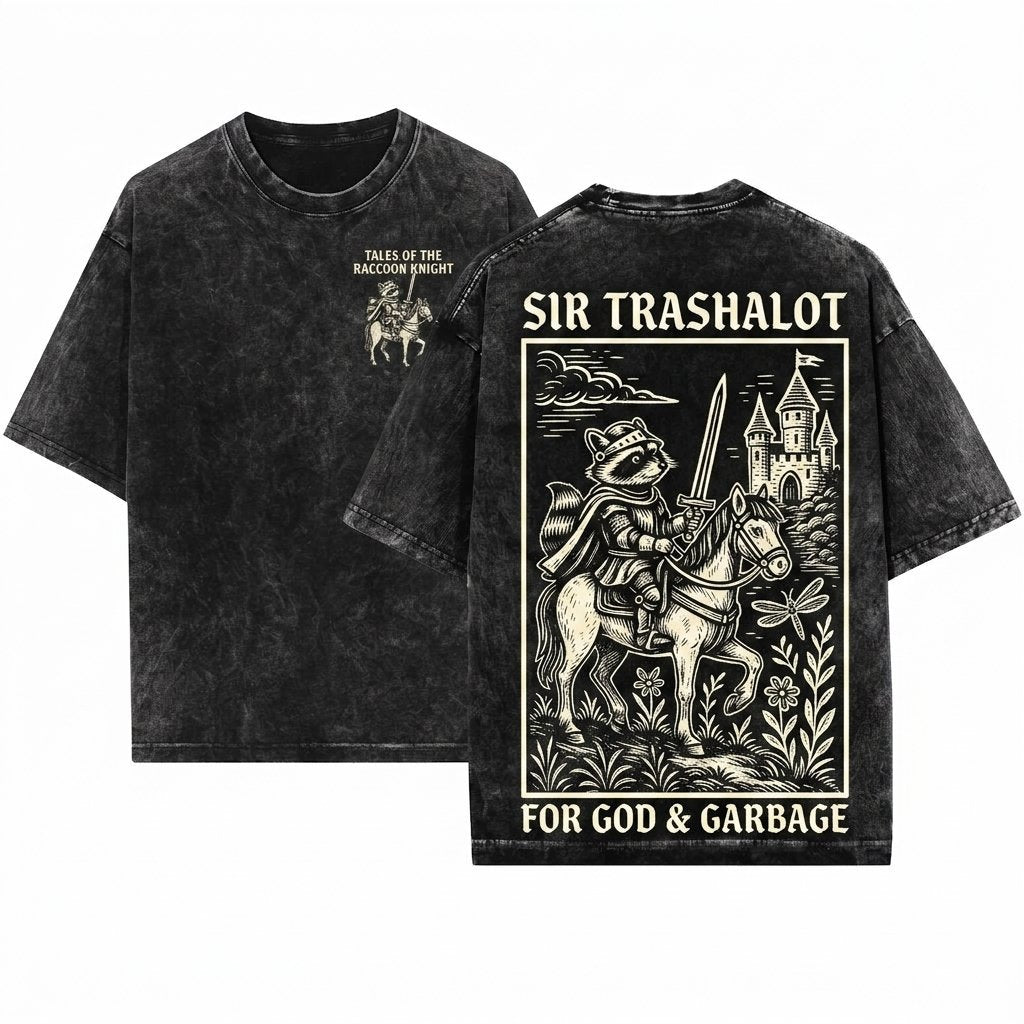 Medieval Raccoon Knight Fantasy Woodcut Animal Castle Sword Hero Funny Retro Apparel Unisex Wash T-Shirt