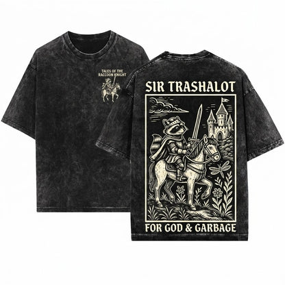 Medieval Raccoon Knight Fantasy Woodcut Animal Castle Sword Hero Funny Retro Apparel Unisex Wash T-Shirt