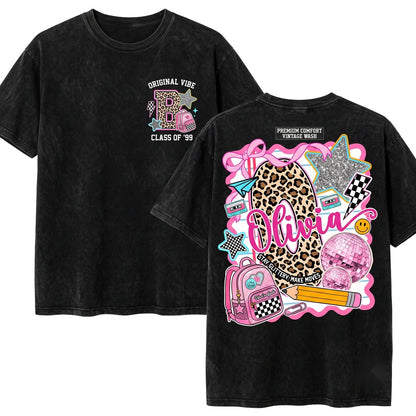Custom Name Leopard Initial Back To School Girl Coquette Bow Pencil Backpack Student Gift Unisex Wash T-Shirt