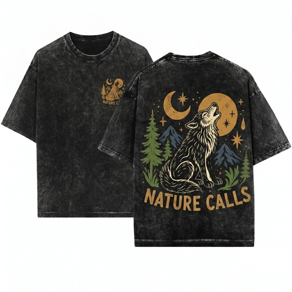 Vintage Howling Wolf Graphic Forest Wildlife Rustic Moonlit Nature Adventure Gift Unisex Wash T-Shirt