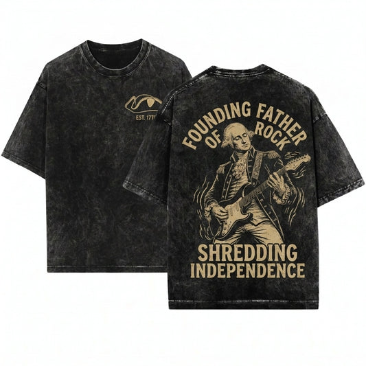 Vintage Distressed Patriotic 4th Of July George Washington Rocker Concert Guitar Unisex Wash T-Shirt