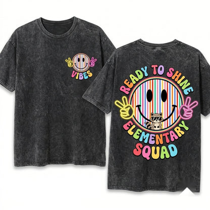 Neon Happy Face Retro Back To School Teacher Student Colorful Lightning Bolt Grade Kids Unisex Wash T-Shirt