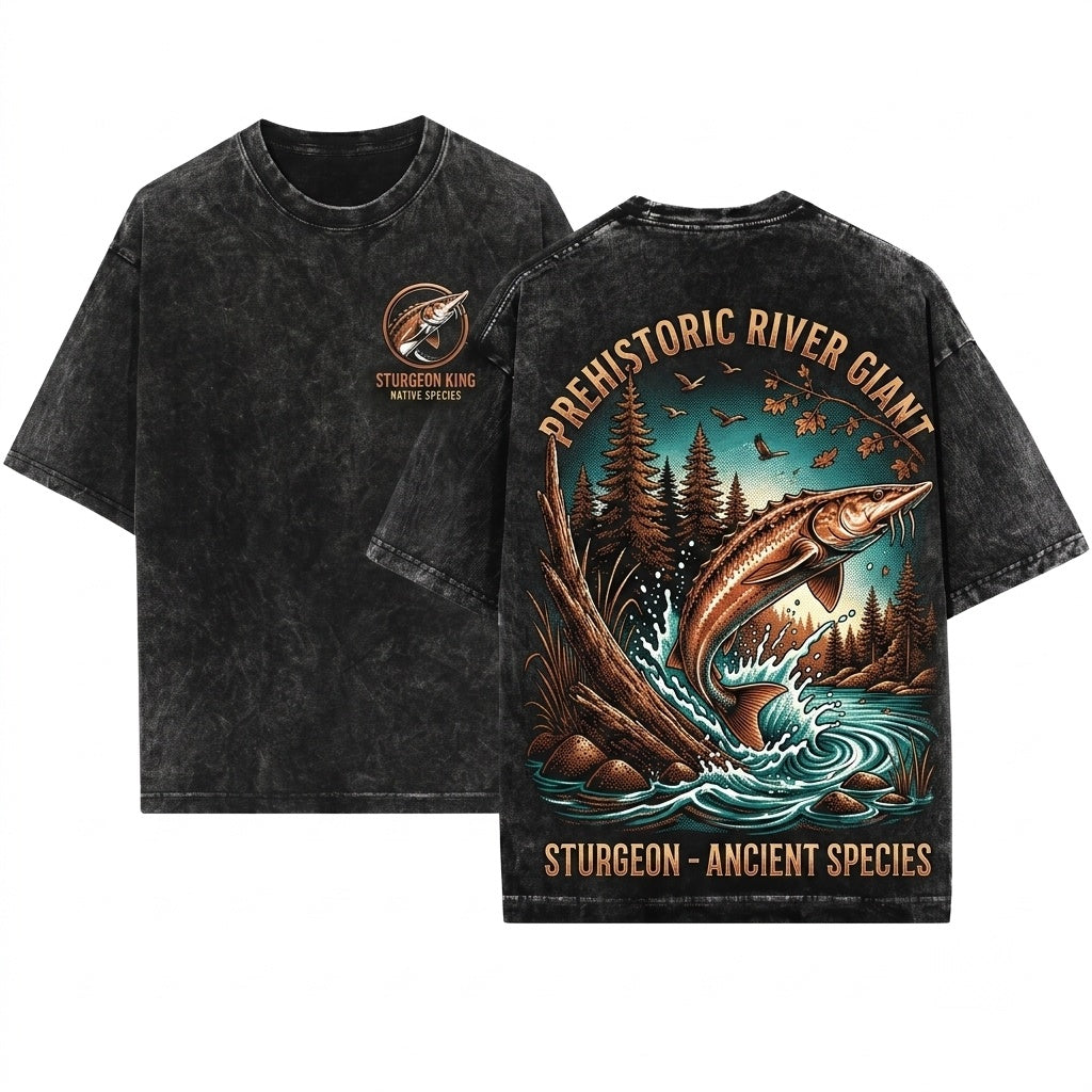 Vintage 90s Retro Sturgeon Fish Fisherman River Monster Graphic Lake Nature Aesthetic Unisex Wash T-Shirt