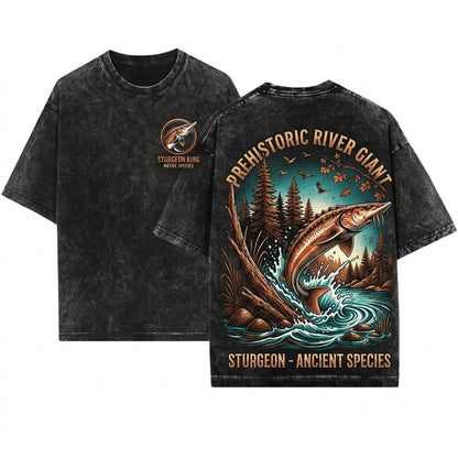 Vintage 90s Retro Sturgeon Fish Fisherman River Monster Graphic Lake Nature Aesthetic Unisex Wash T-Shirt