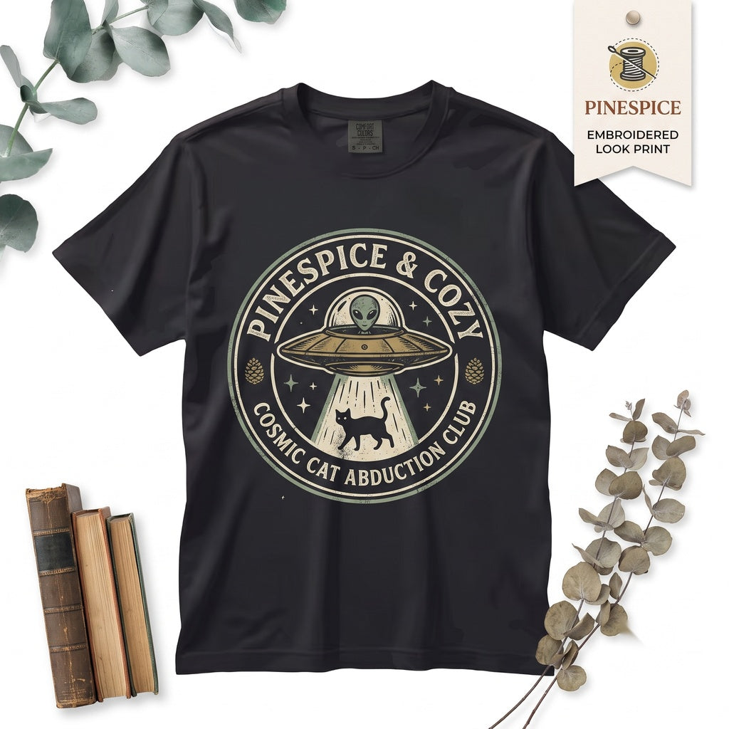 Alien UFO Spaceship Cat Abduction Embroidered Graphic Funny Vintage Unisex TShirt