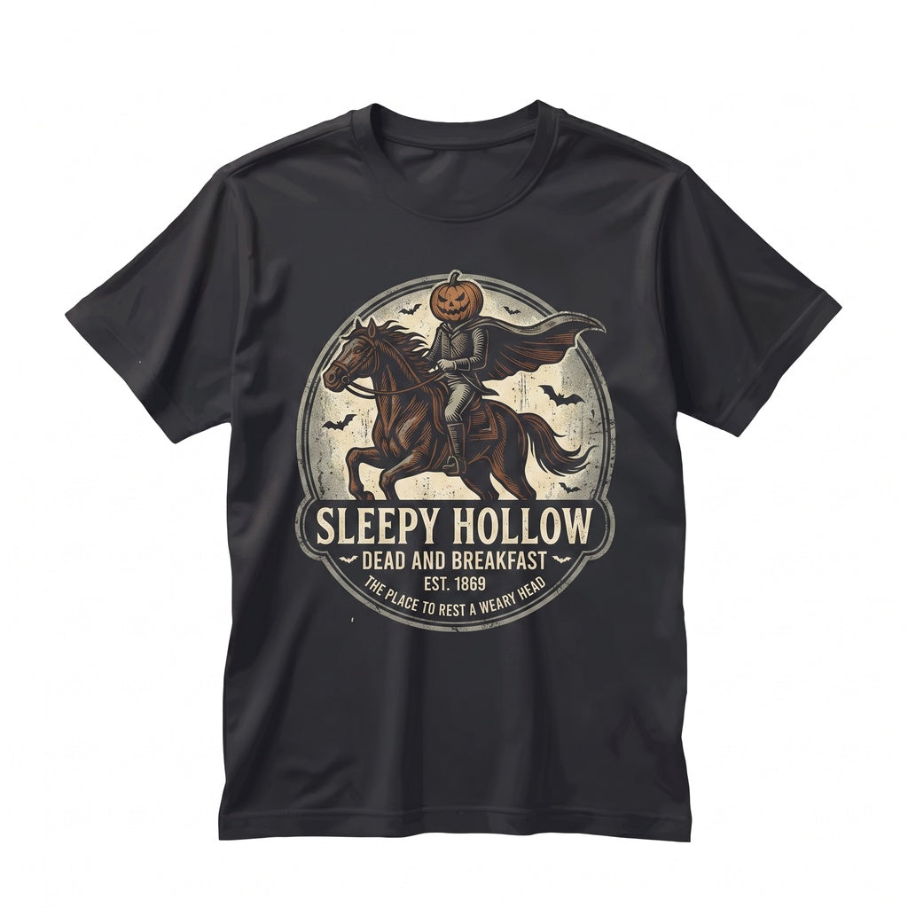 Haunted Inn Dead and Breakfast Funny Headless Horseman Crewneck Spooky Season Fall Graphic Halloween Costume Unisex TShirt