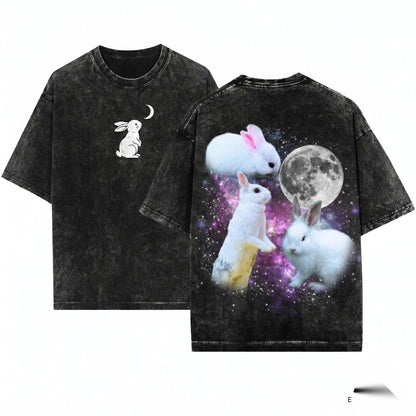 Three Bunny Retro Vintage Rabbit Moon Oversized Silly Funny Lovers Gift Graphic Unisex Wash T-Shirt