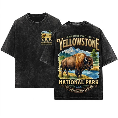 Vintage Yellowstone Bison Western Nature Graphic Wildlife National Park Rustic Outdoors Forest Buffalo Unisex Wash T-Shirt