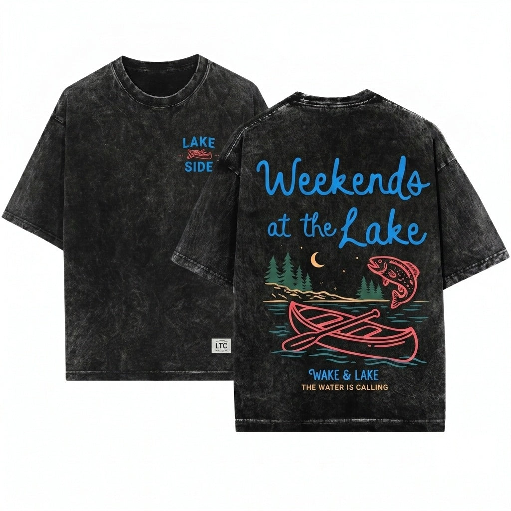 Hand Drawn Lake River Boating Life Trendy Summer Weekends Lover Unisex Wash T-Shirt