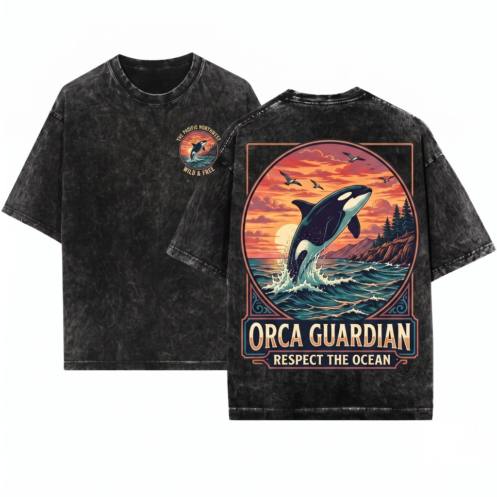 Vintage Orca Whale Ocean Sunset Graphic Pacific Coastal Marine Wildlife Sea Life Gift Unisex Wash T-Shirt