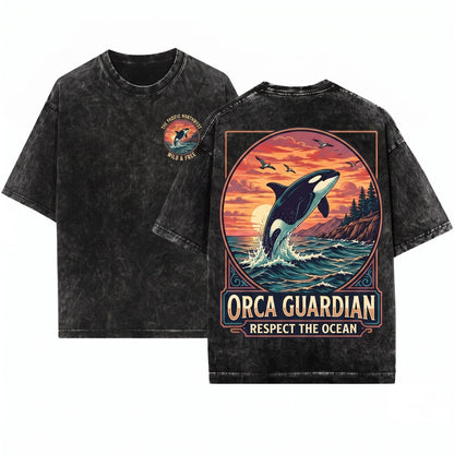 Vintage Orca Whale Ocean Sunset Graphic Pacific Coastal Marine Wildlife Sea Life Gift Unisex Wash T-Shirt