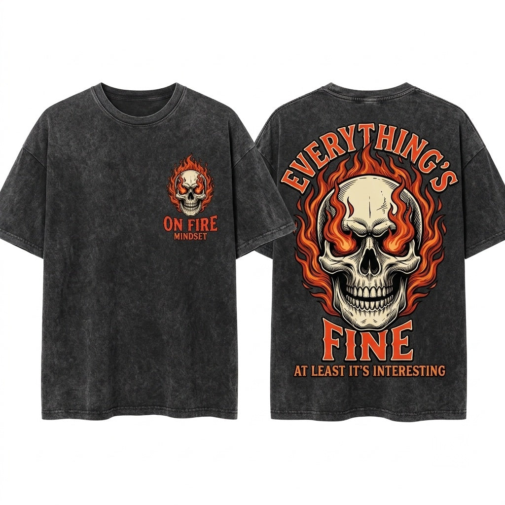 Everything Fine Cropped Boxy Top Retro Grunge Skull Fire Boho Hippie Festival Unisex Wash T-Shirt