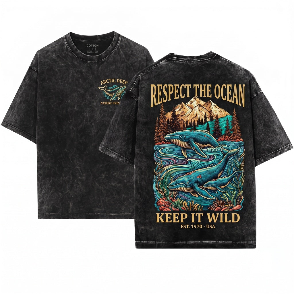 Vintage Whale Ocean Fantasy Graphic Retro Nature Wildlife Aesthetic Gift Unisex Wash T-Shirt