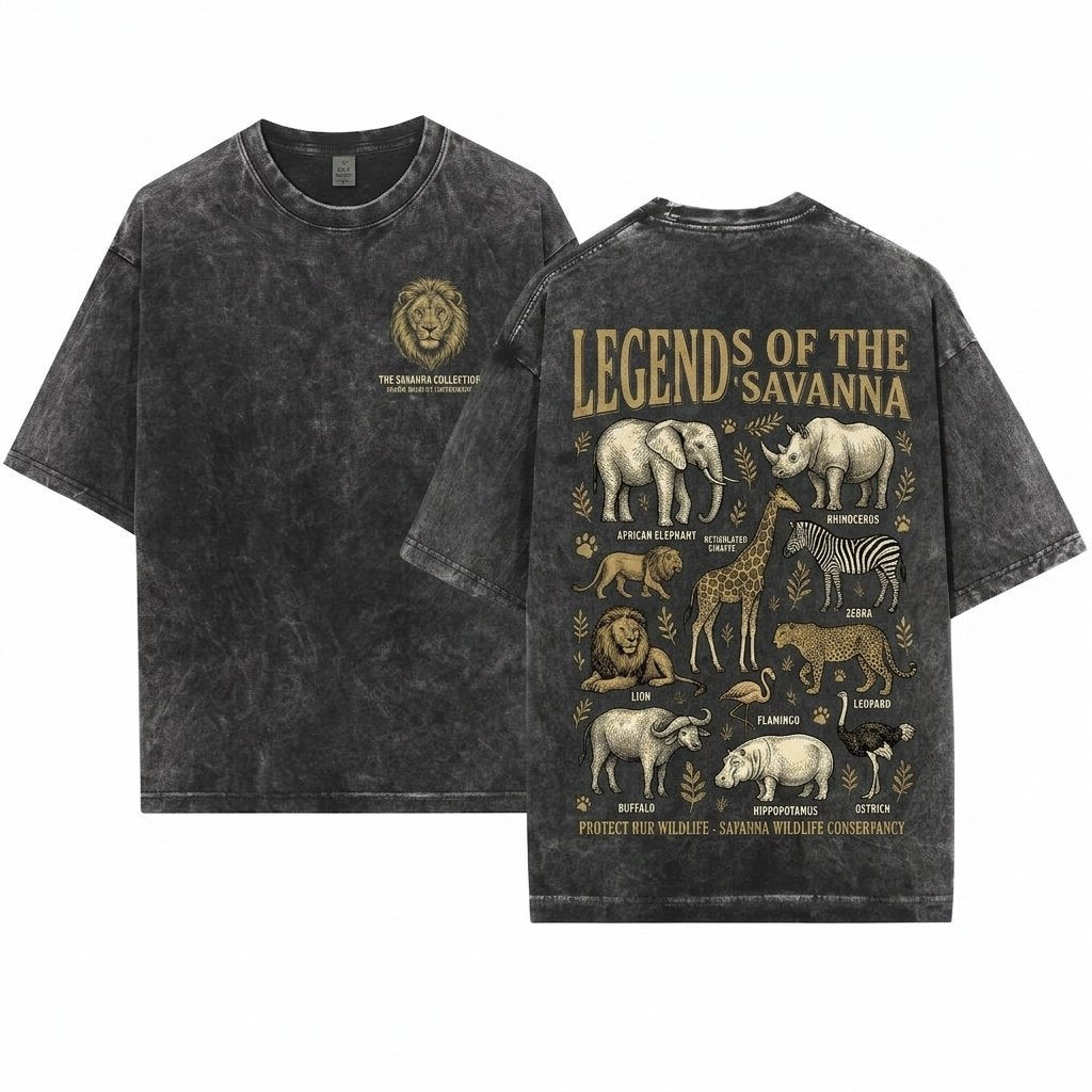 Vintage Safari Animals Wildlife Graphic African Nature Lover Gift Elephant Giraffe Zebra Art Top Unisex Wash T-Shirt