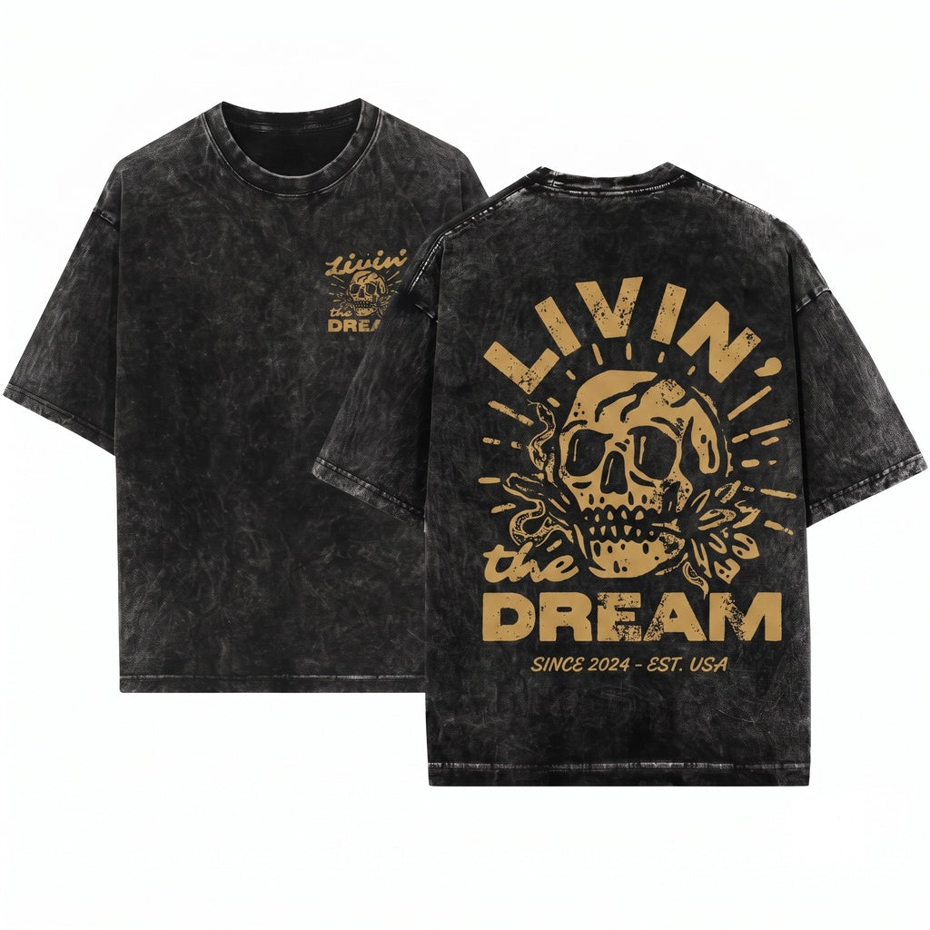 Livin the Dream Funny Sarcastic Adult Humor Retro Grunge Floral Skull Skeleton Unisex Wash T-Shirt