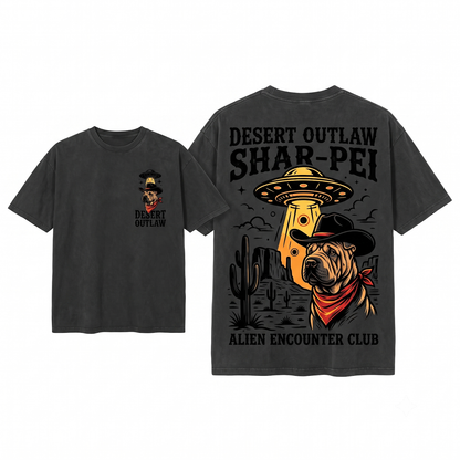 Vintage Shar Pei UFO Western Cowboy Retro Alien Dog Perfect Gift For Mom Dad Lovers Unisex Heavyweight Garment-Dyed T-Shirt