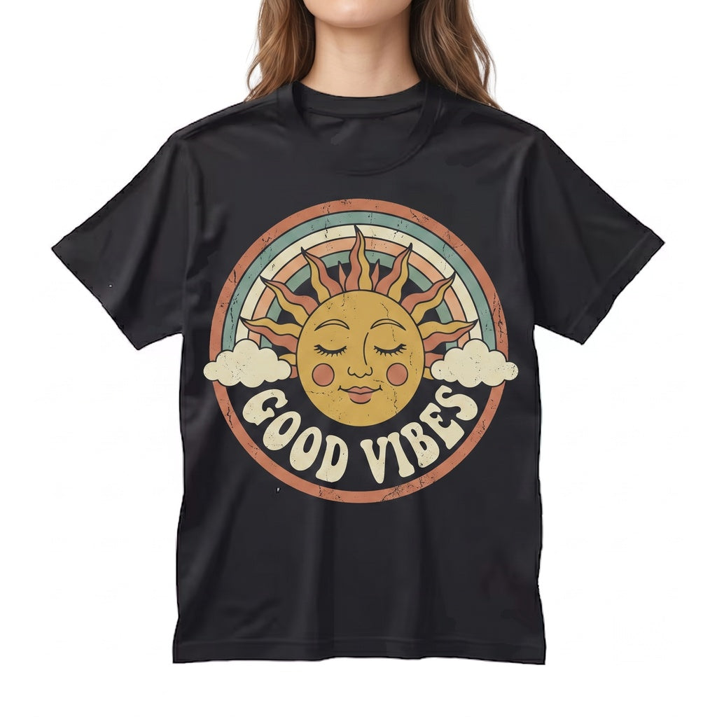 Vintage Good Vibes Sun Graphic Retro Rainbow Positive Boho Happy Aesthetic Style Gift Apparel Unisex TShirt