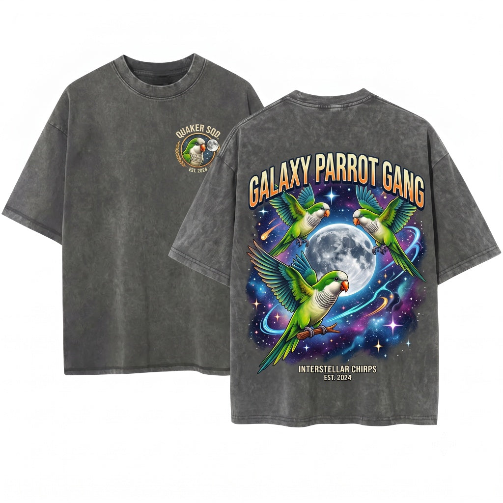 Three Quaker Parrot Monk Parakeet Moon Galaxy Retro Graphic Pet Bird Owner Birthday Gift Unisex Wash T-Shirt