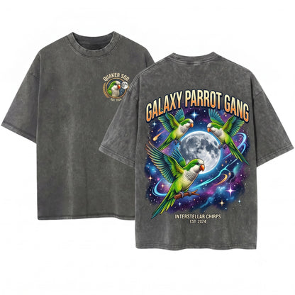 Three Quaker Parrot Monk Parakeet Moon Galaxy Retro Graphic Pet Bird Owner Birthday Gift Unisex Wash T-Shirt