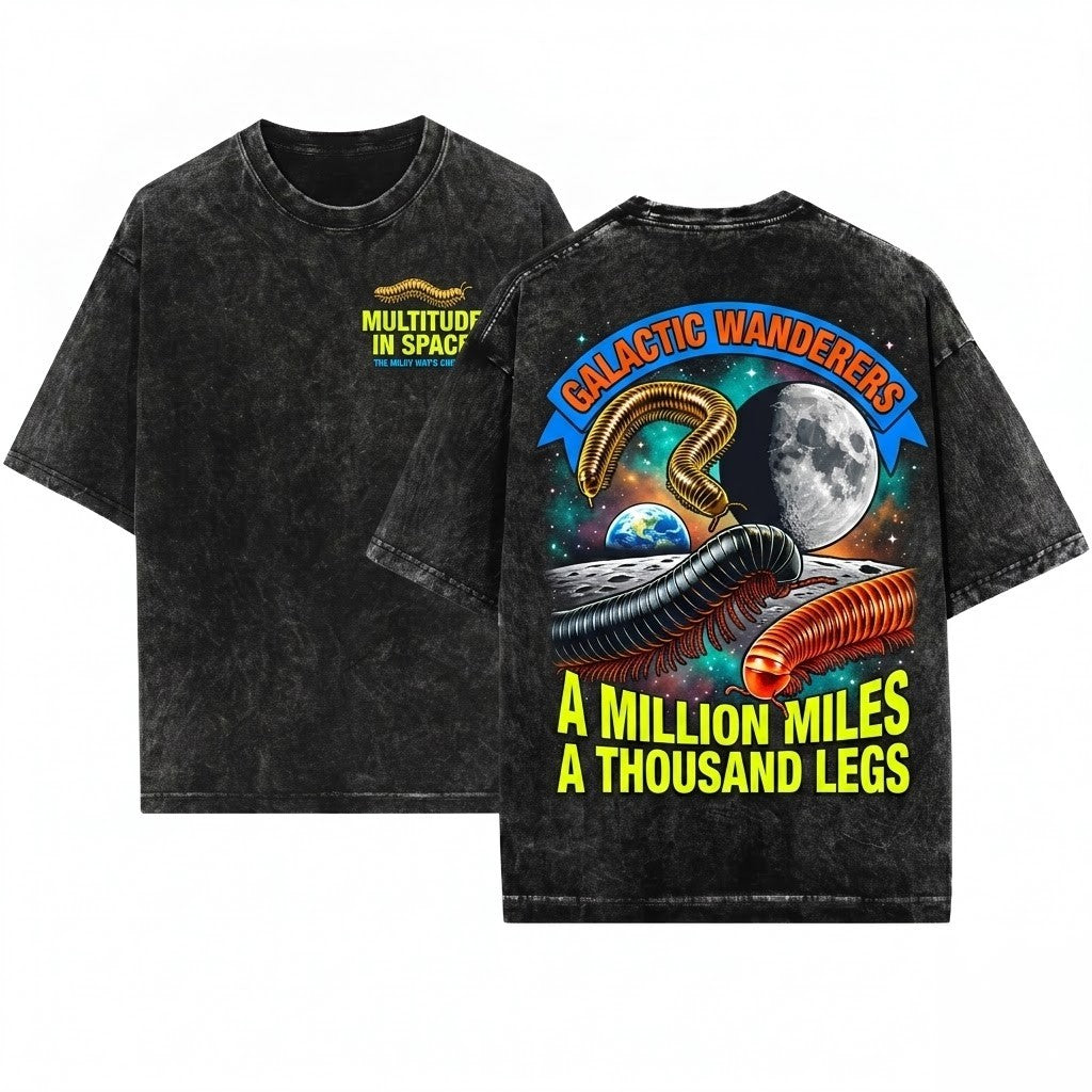 Three Millipede Moon Cosmic Bug Space Insect Celestial Arthropod Galaxy Graphic Unisex Wash T-Shirt
