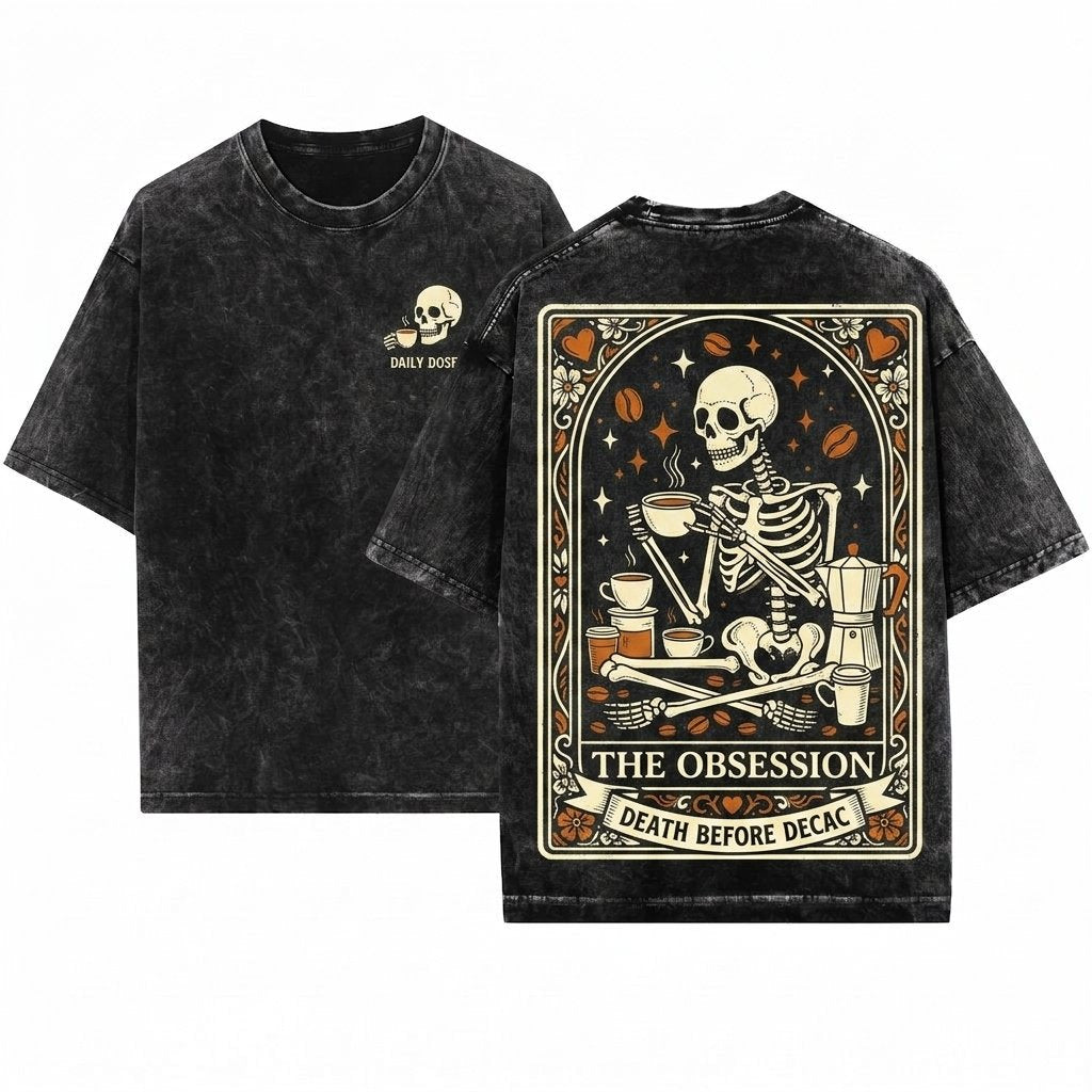 Coffee Lover Tarot Skeleton Occult Graphic Aesthetic Unisex Wash T-Shirt
