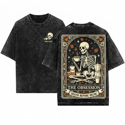 Coffee Lover Tarot Skeleton Occult Graphic Aesthetic Unisex Wash T-Shirt