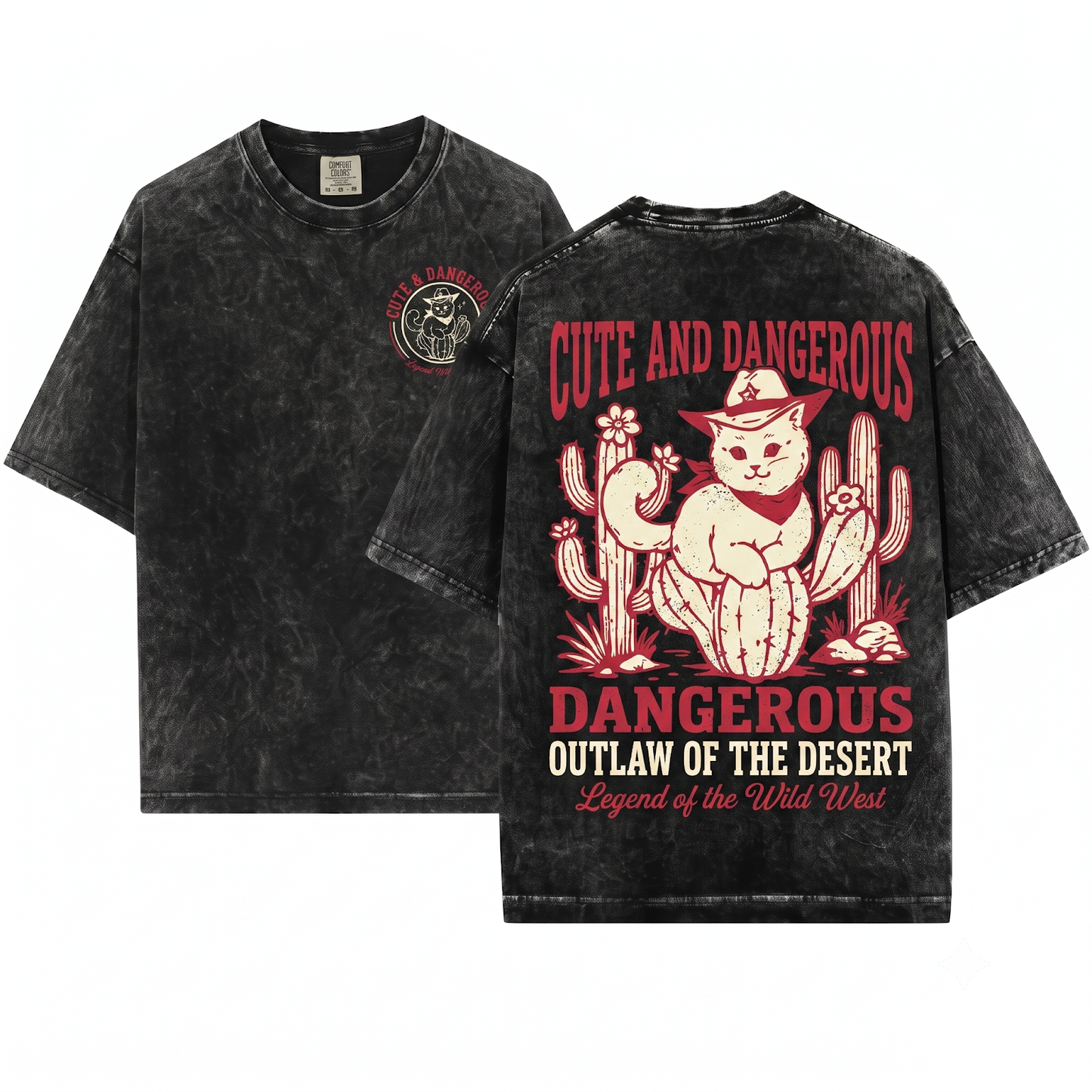 Cute and Dangerous Cowboy Cat on Cactus Tee - Funny Western Mom Gift Cowgirl Wild West - Unisex Heavyweight Garment-Dyed T-Shirt