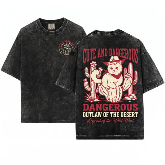 Cute and Dangerous Cowboy Cat on Cactus Tee - Funny Western Mom Gift Cowgirl Wild West - Unisex Heavyweight Garment-Dyed T-Shirt